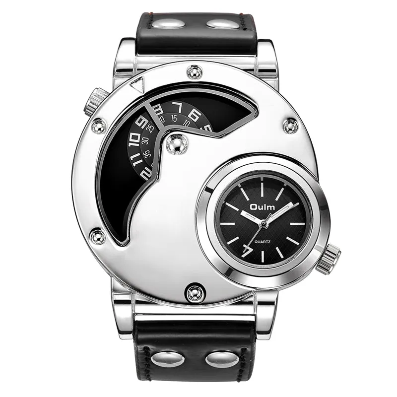 Men's Unique Design Quartz Dual Time Zone Leather Band Watch