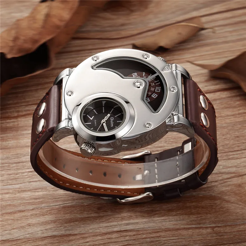 Men's Unique Design Quartz Dual Time Zone Leather Band Watch