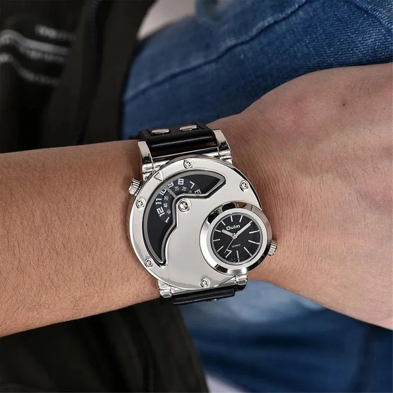 Men's Unique Design Quartz Dual Time Zone Leather Band Watch