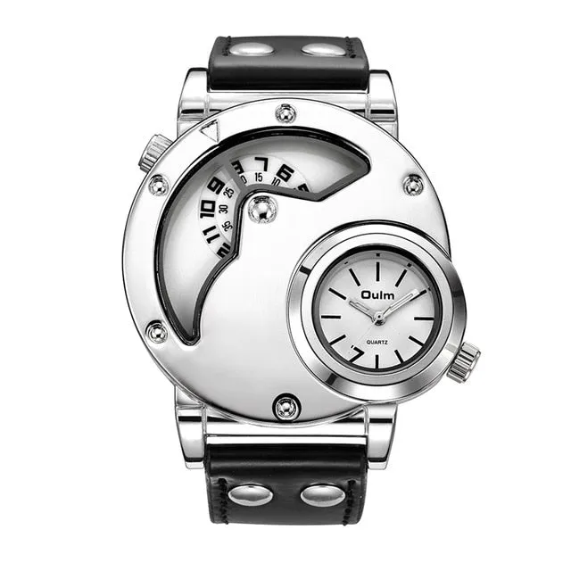 Men's Unique Design Quartz Dual Time Zone Leather Band Watch