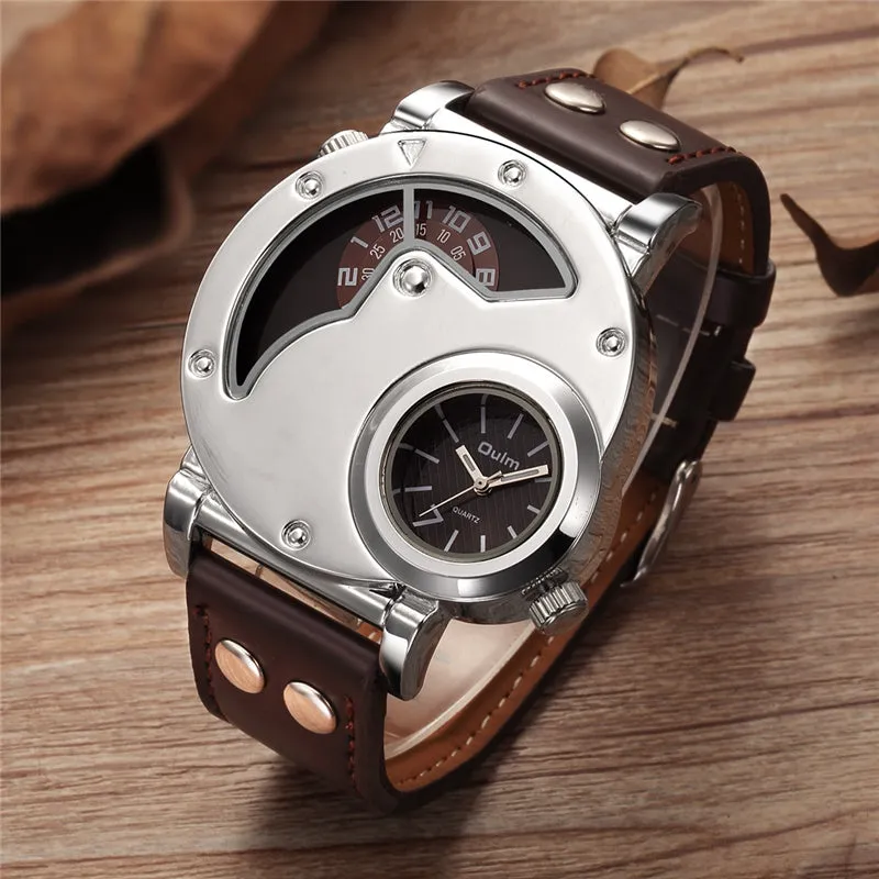 Men's Unique Design Quartz Dual Time Zone Leather Band Watch
