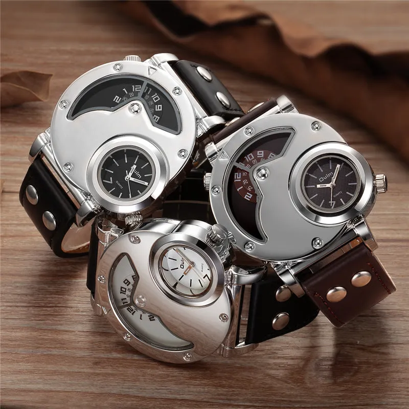 Men's Unique Design Quartz Dual Time Zone Leather Band Watch