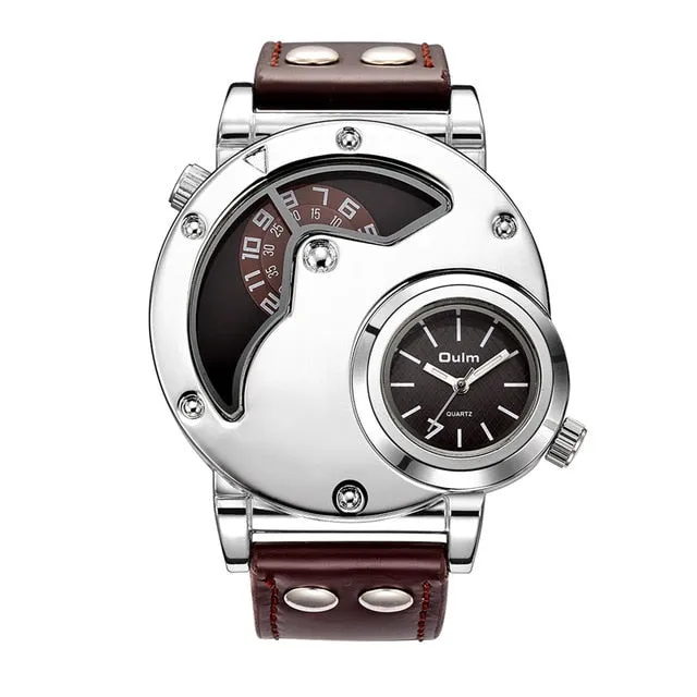 Men's Unique Design Quartz Dual Time Zone Leather Band Watch