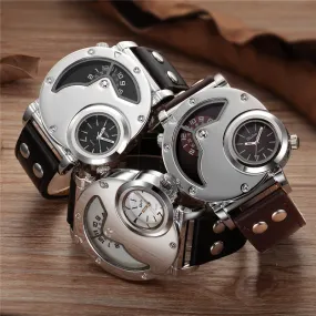 Men's Unique Design Quartz Dual Time Zone Leather Band Watch