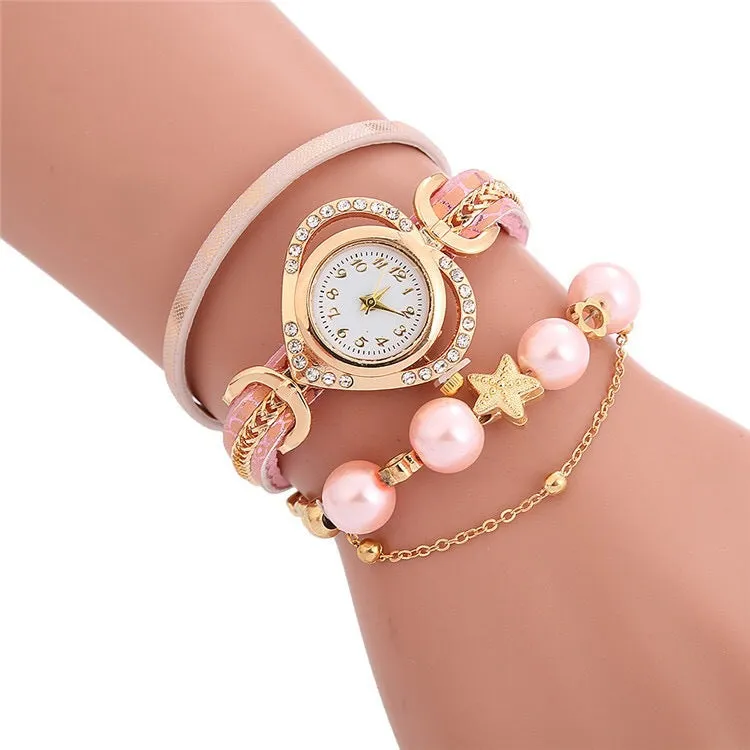 Multi-layered beaded love dial wrapped bracelet watch for women creative decorative ethnic style women's watch