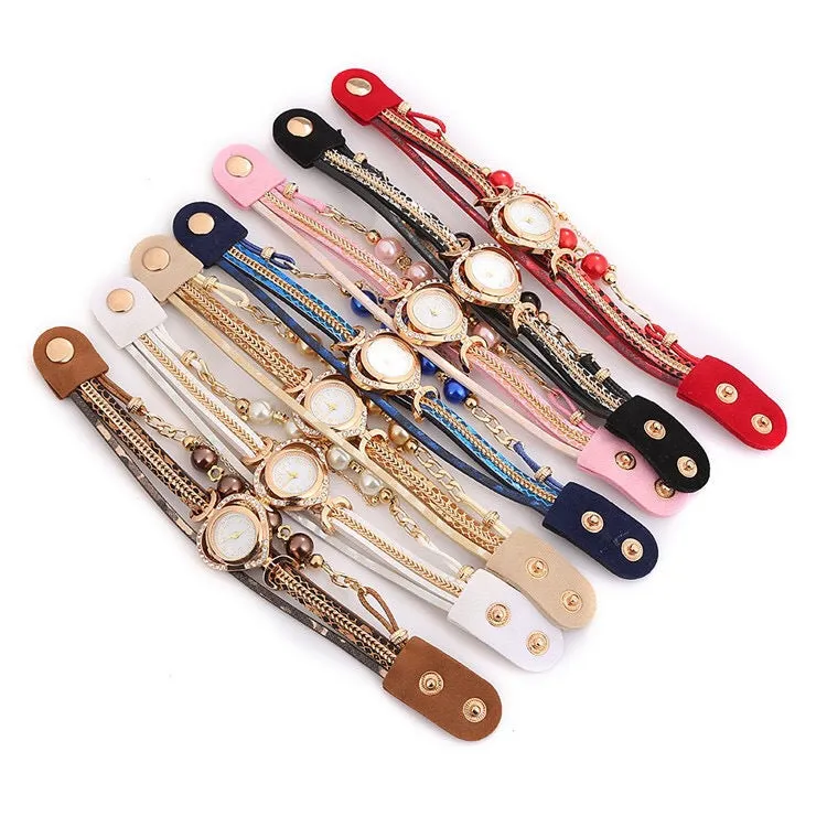 Multi-layered beaded love dial wrapped bracelet watch for women creative decorative ethnic style women's watch