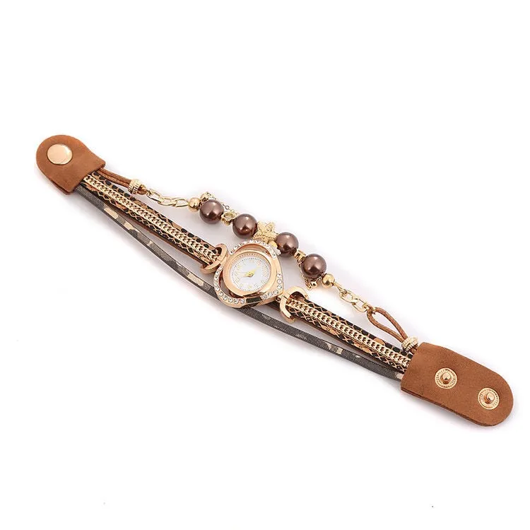 Multi-layered beaded love dial wrapped bracelet watch for women creative decorative ethnic style women's watch