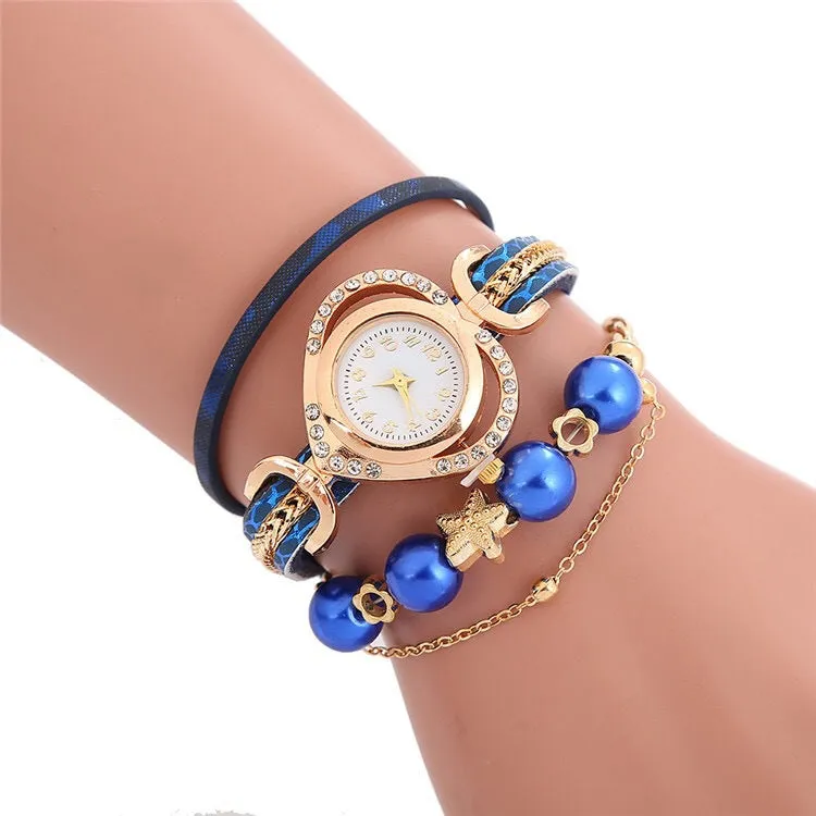 Multi-layered beaded love dial wrapped bracelet watch for women creative decorative ethnic style women's watch