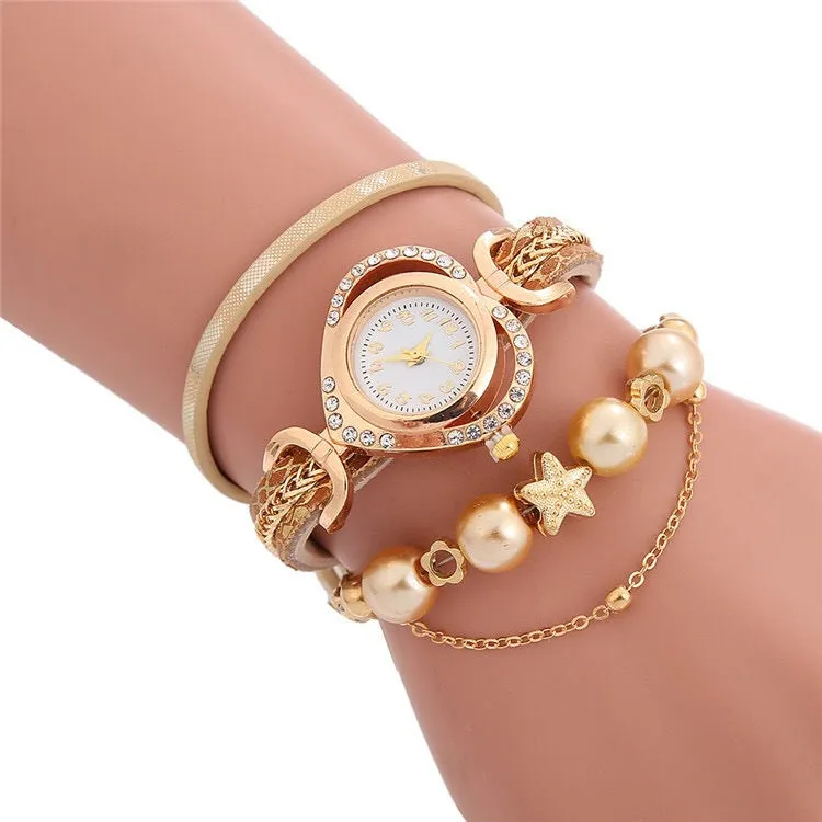 Multi-layered beaded love dial wrapped bracelet watch for women creative decorative ethnic style women's watch