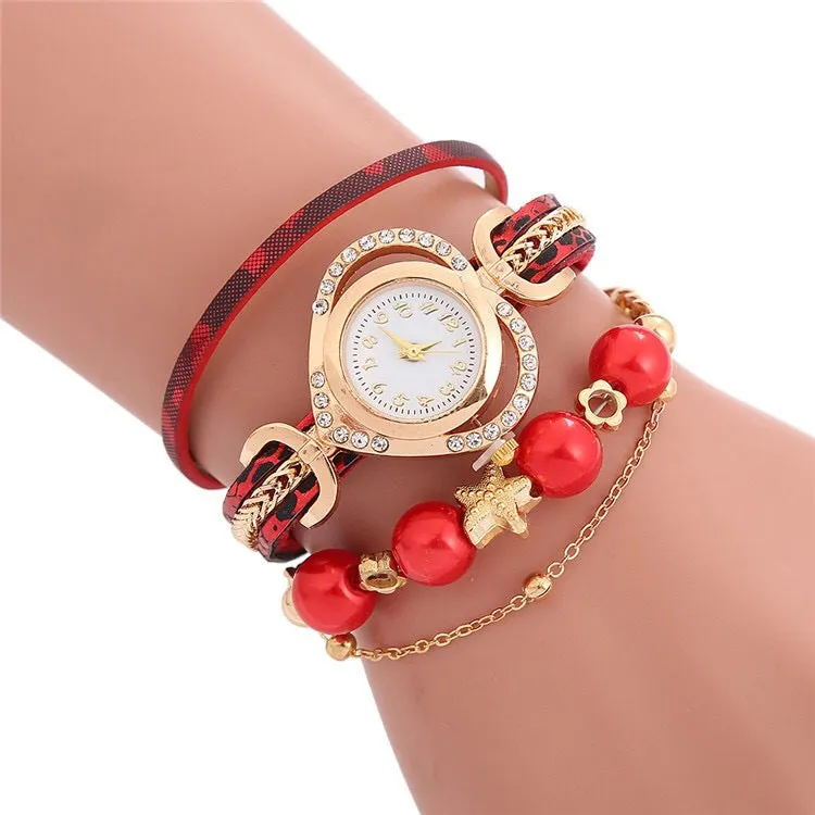 Multi-layered beaded love dial wrapped bracelet watch for women creative decorative ethnic style women's watch