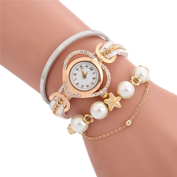 Multi-layered beaded love dial wrapped bracelet watch for women creative decorative ethnic style women's watch