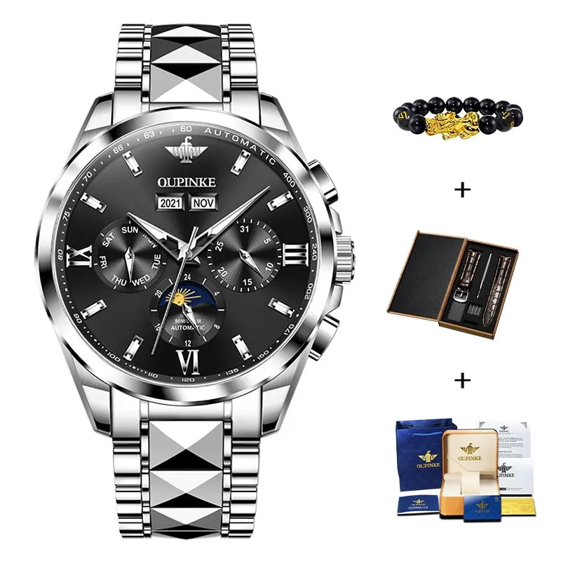 OUPINKE Luxury Automatic Mechanica Watches For Men Luminous Waterproof Sapphire Moon Phase Chronograph Wristwatch