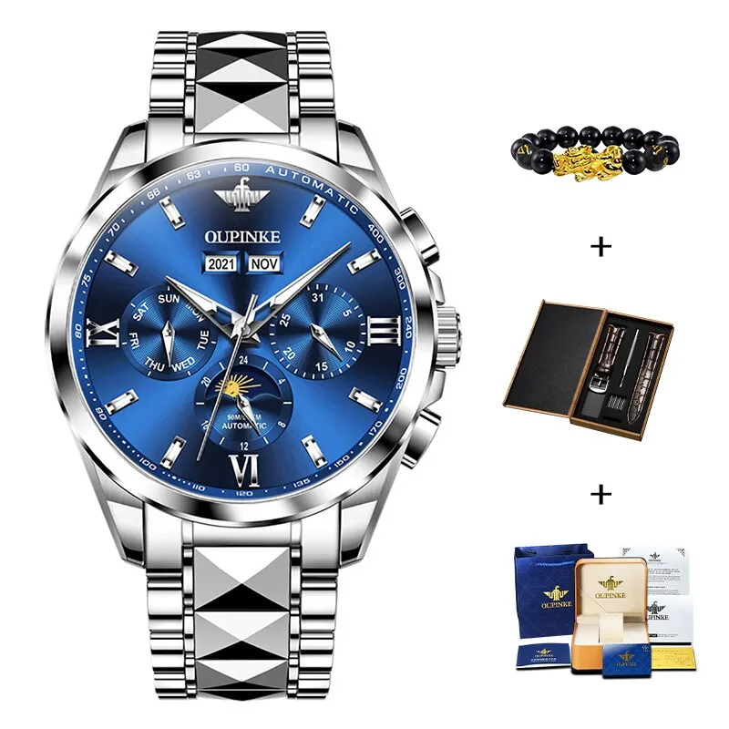 OUPINKE Luxury Automatic Mechanica Watches For Men Luminous Waterproof Sapphire Moon Phase Chronograph Wristwatch