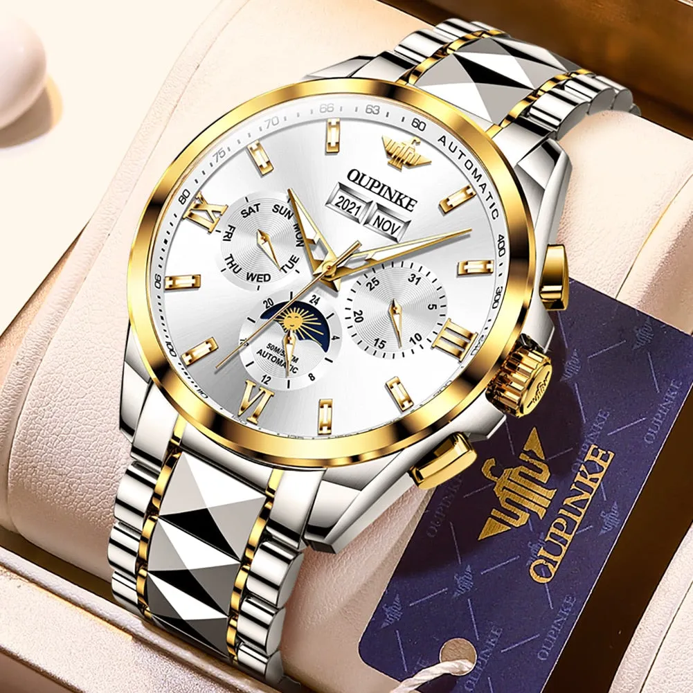 OUPINKE Luxury Automatic Mechanica Watches For Men Luminous Waterproof Sapphire Moon Phase Chronograph Wristwatch