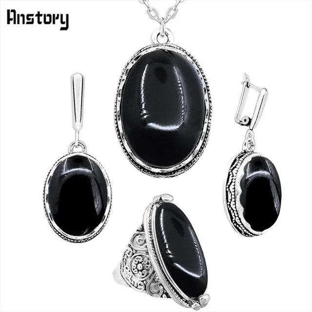Oval Natural Stone Jewelry Set Choker Necklace Earrings Rings For Women Hollow Flower Pendant Stainless Steel Chain