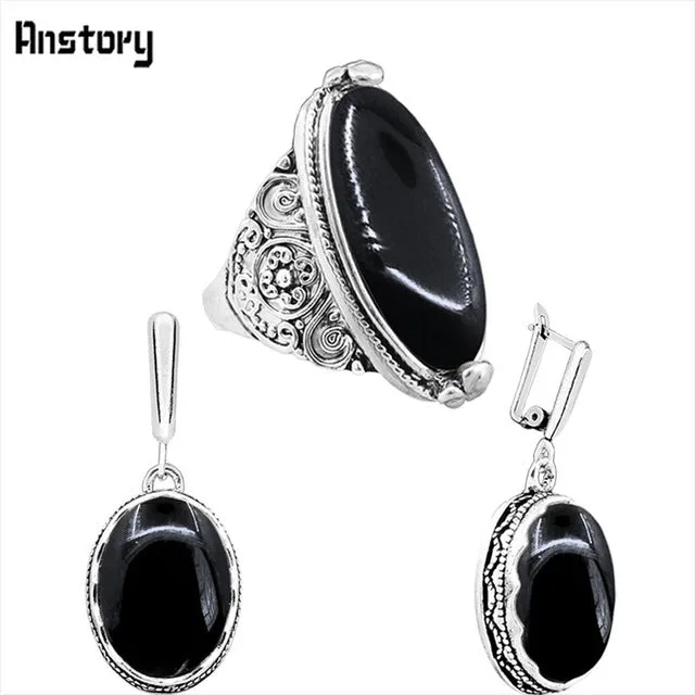 Oval Natural Stone Jewelry Set Choker Necklace Earrings Rings For Women Hollow Flower Pendant Stainless Steel Chain