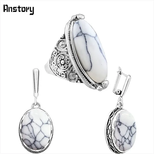 Oval Natural Stone Jewelry Set Choker Necklace Earrings Rings For Women Hollow Flower Pendant Stainless Steel Chain