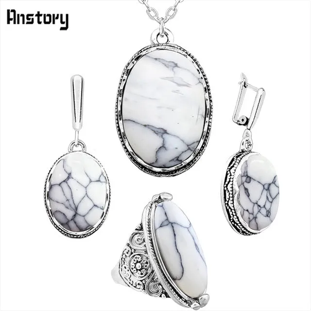 Oval Natural Stone Jewelry Set Choker Necklace Earrings Rings For Women Hollow Flower Pendant Stainless Steel Chain