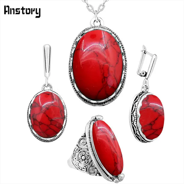 Oval Natural Stone Jewelry Set Choker Necklace Earrings Rings For Women Hollow Flower Pendant Stainless Steel Chain