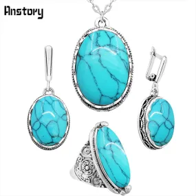 Oval Natural Stone Jewelry Set Choker Necklace Earrings Rings For Women Hollow Flower Pendant Stainless Steel Chain