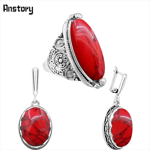 Oval Natural Stone Jewelry Set Choker Necklace Earrings Rings For Women Hollow Flower Pendant Stainless Steel Chain