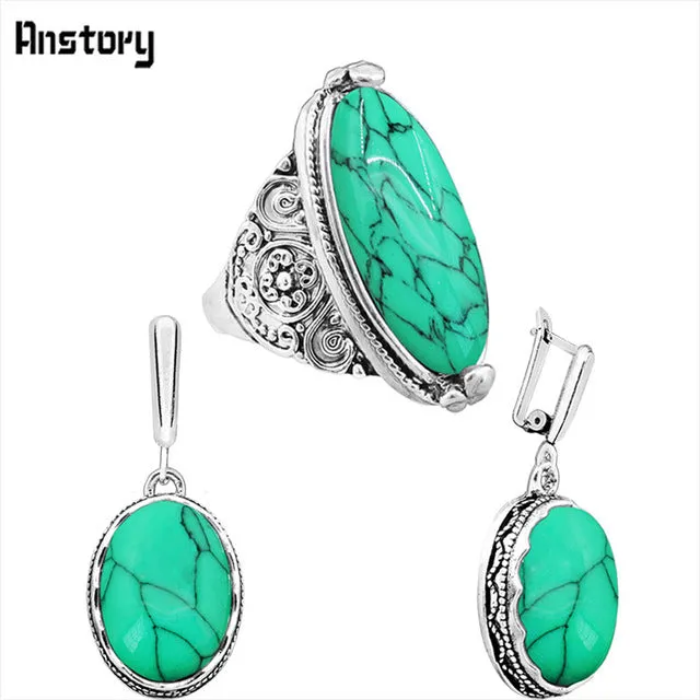Oval Natural Stone Jewelry Set Choker Necklace Earrings Rings For Women Hollow Flower Pendant Stainless Steel Chain