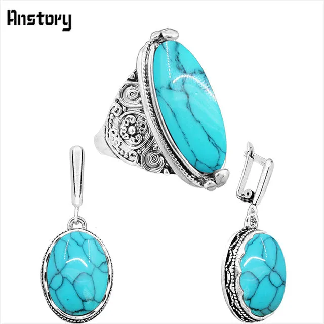 Oval Natural Stone Jewelry Set Choker Necklace Earrings Rings For Women Hollow Flower Pendant Stainless Steel Chain