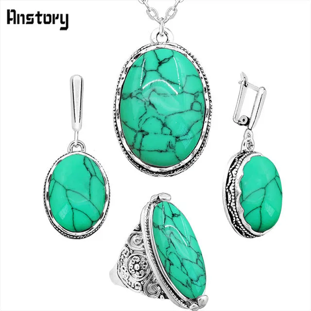 Oval Natural Stone Jewelry Set Choker Necklace Earrings Rings For Women Hollow Flower Pendant Stainless Steel Chain