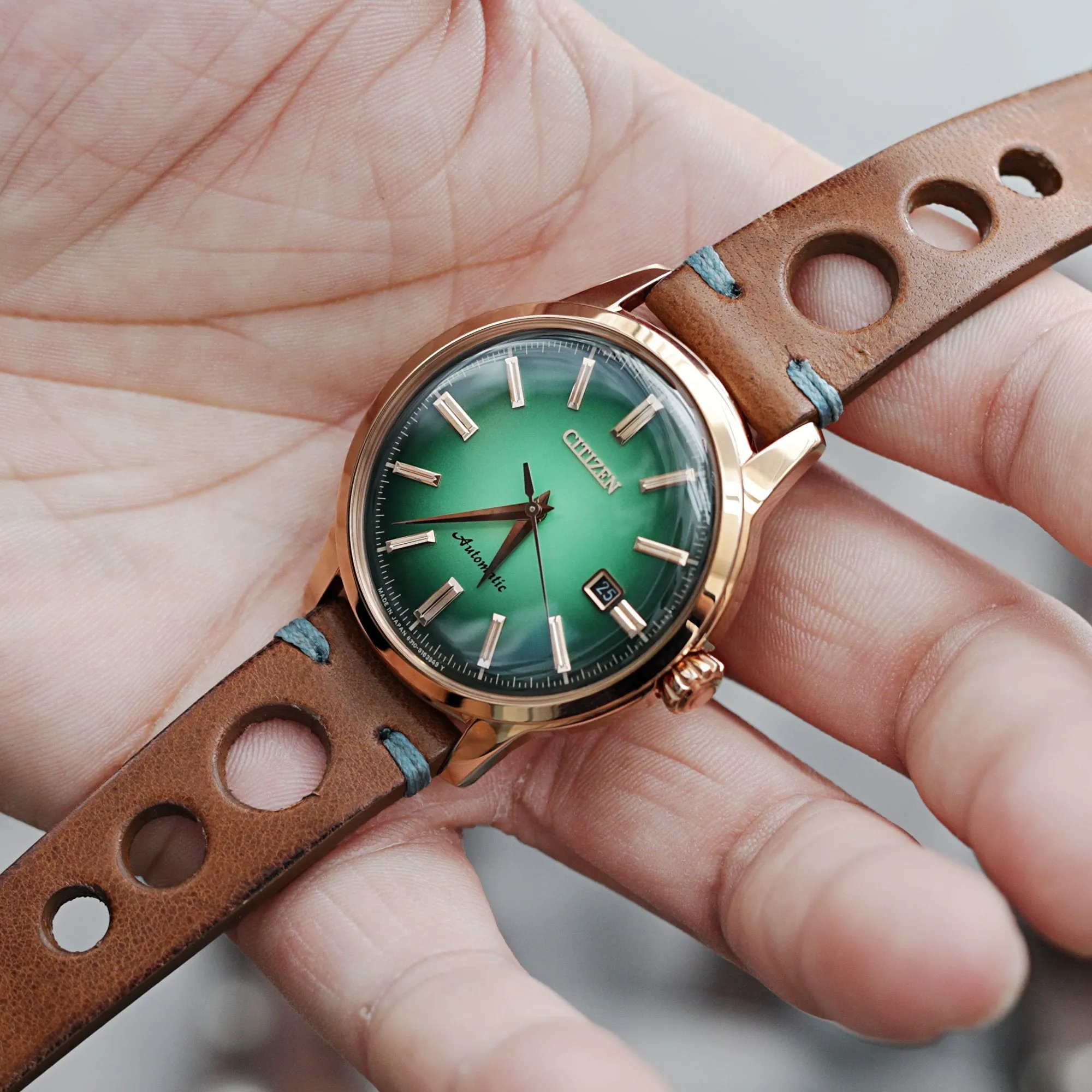 Q.R. 20mm Brown Leather Italian Handmade Racer Watch Band, Blue St.
