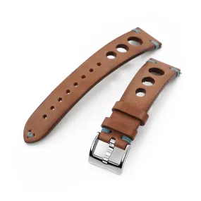Q.R. 20mm Brown Leather Italian Handmade Racer Watch Band, Blue St.