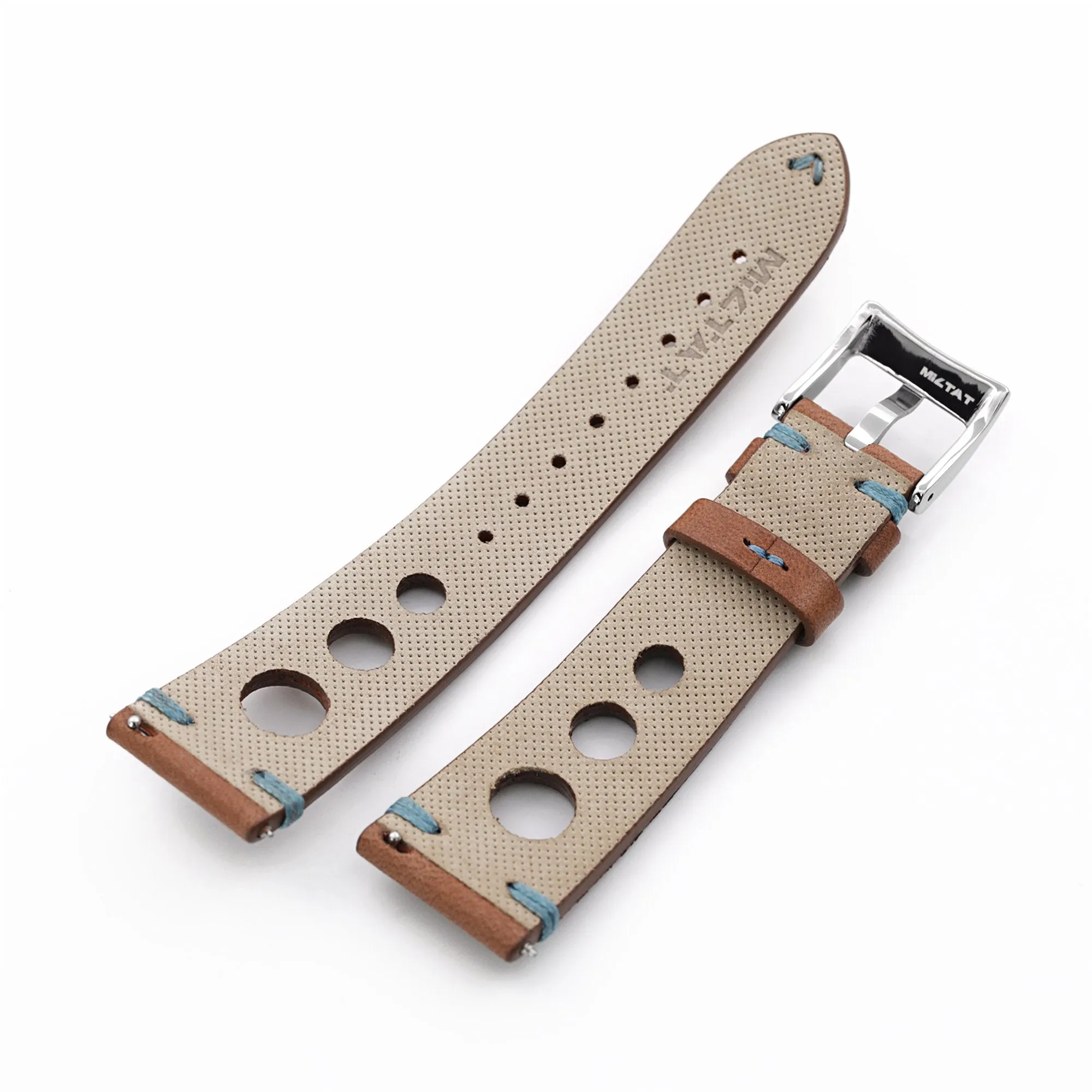 Q.R. 20mm Brown Leather Italian Handmade Racer Watch Band, Blue St.