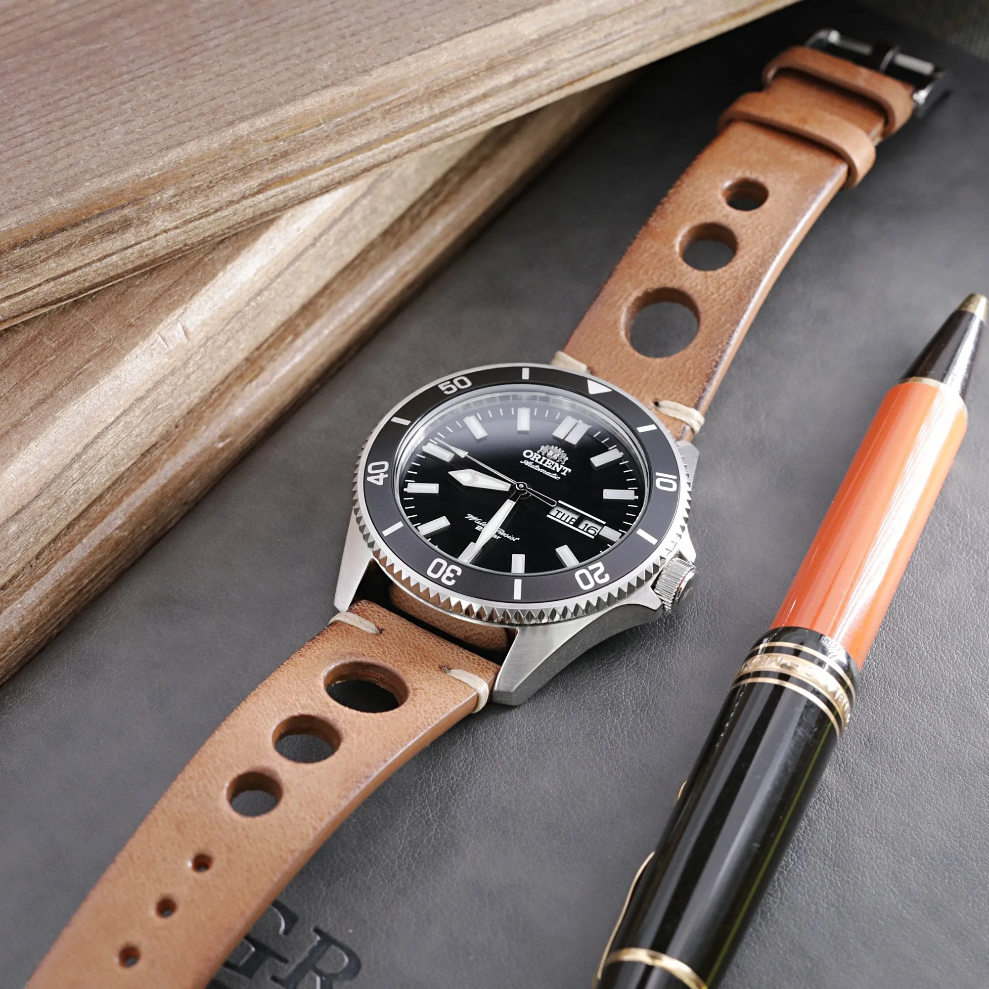 Q.R. 22mm Brown Leather Italian Handmade Racer Watch Band, Beige St.