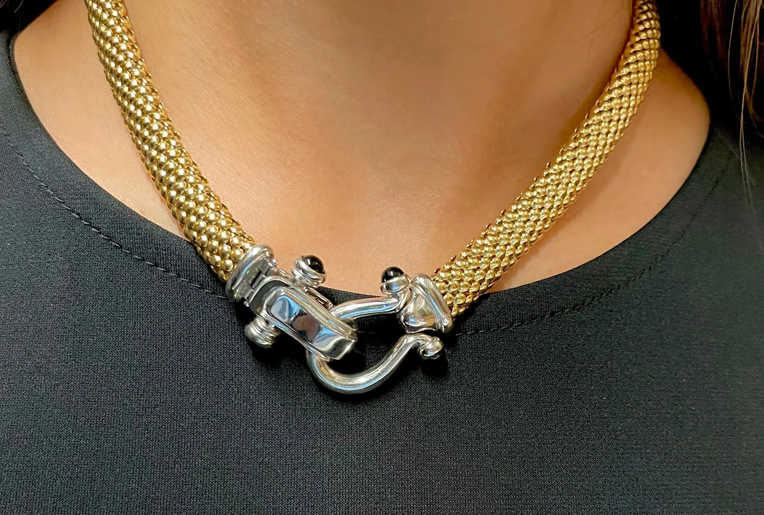 "BN" DSGNR BRAIDED HORSESHOE 4CT SAPH NECKLACE SOLID YG & WG - $13K APR w/ CoA!!