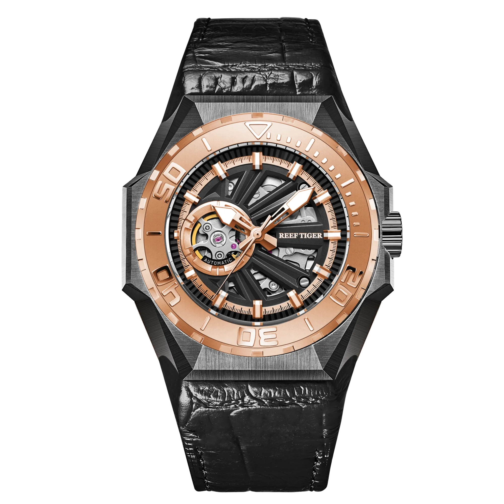 Reef Tiger/RT Luxury Brand Sport Watches Rose Gold Automatic Mechanical Skeleton Military Leather Watch Accessories RGA6903-S