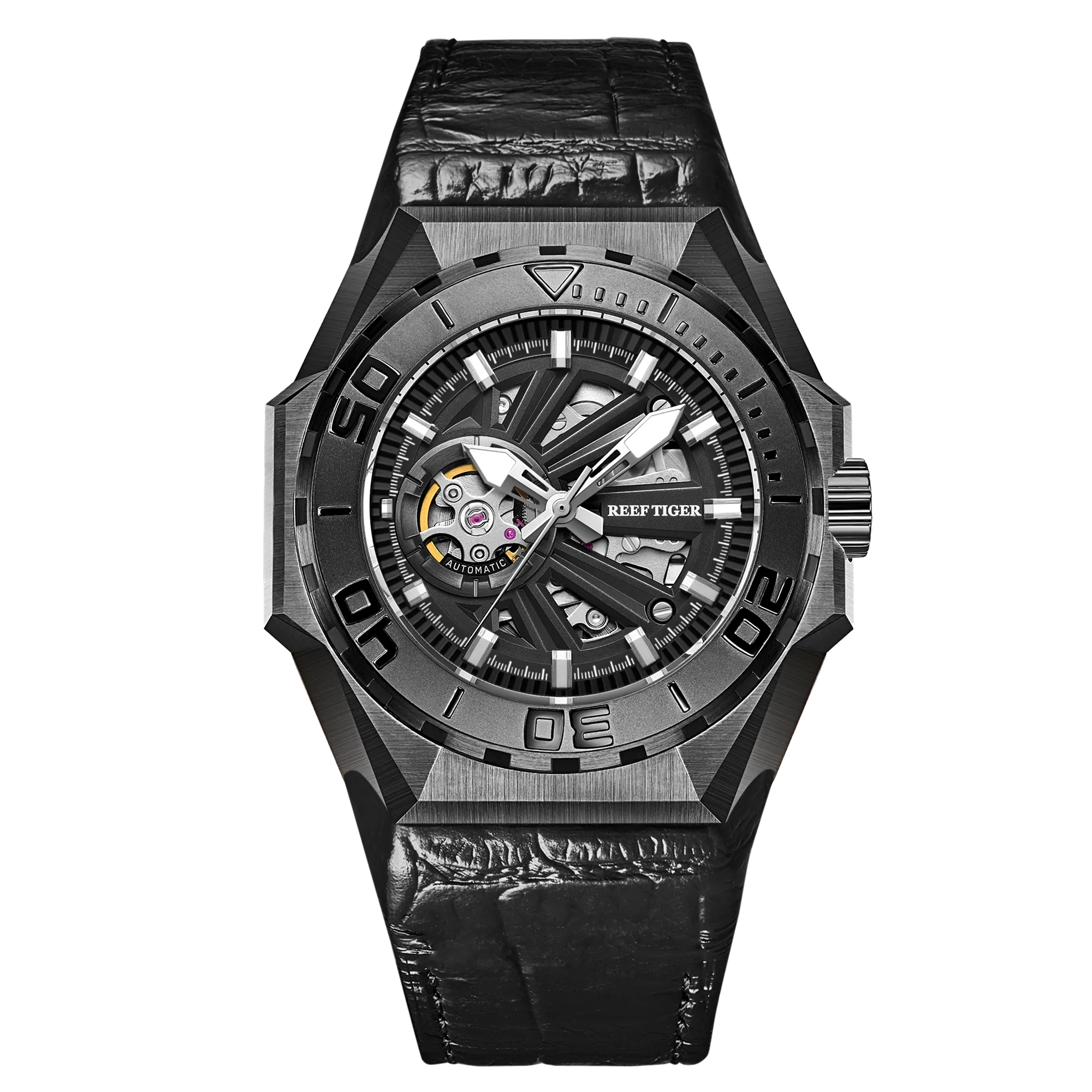 Reef Tiger/RT Luxury Brand Sport Watches Rose Gold Automatic Mechanical Skeleton Military Leather Watch Accessories RGA6903-S