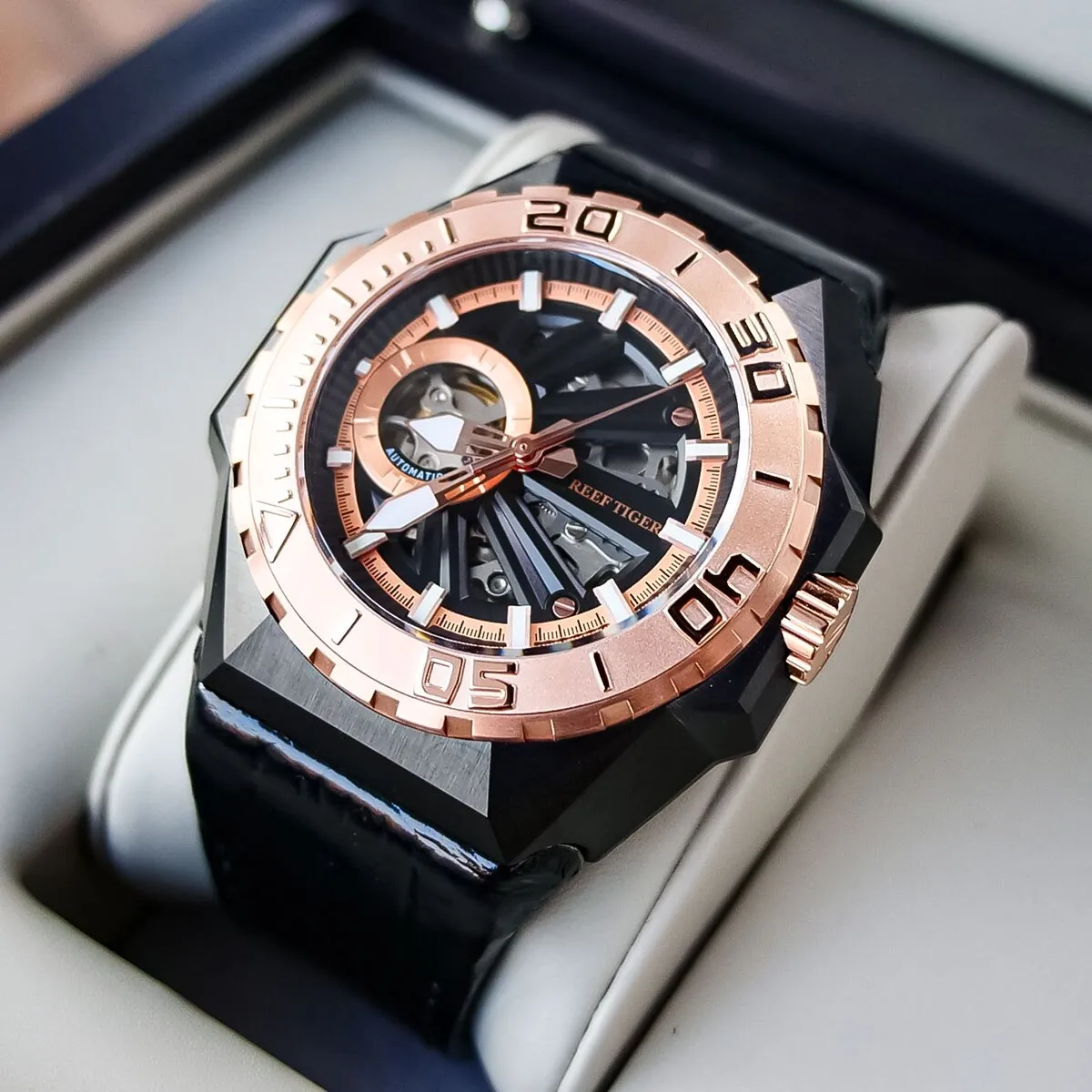 Reef Tiger/RT Luxury Brand Sport Watches Rose Gold Automatic Mechanical Skeleton Military Leather Watch Accessories RGA6903-S