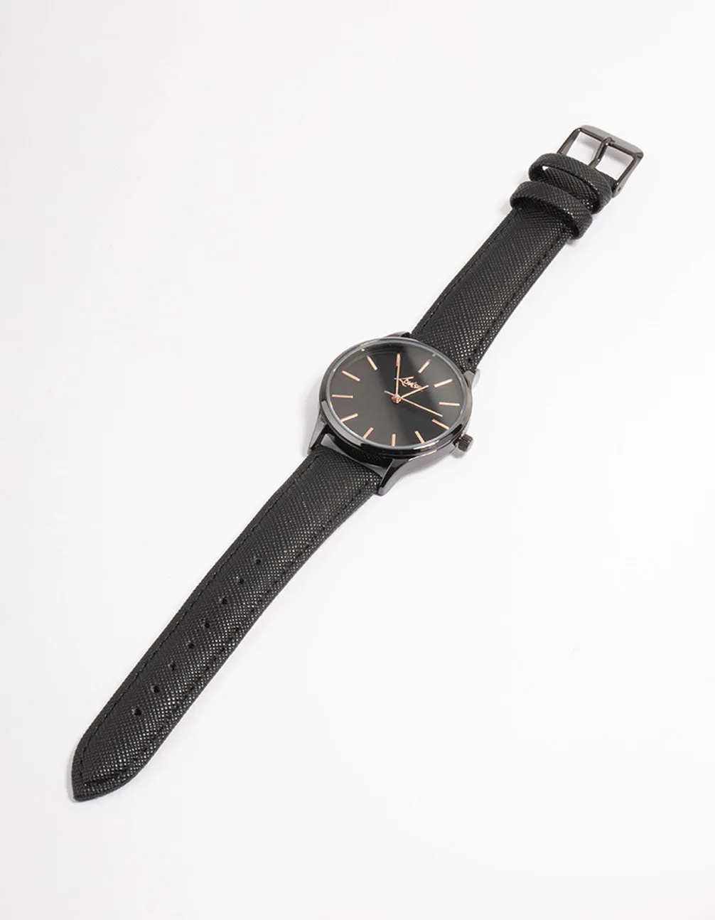 Rose Gold Texture Black Leather Basic Watch