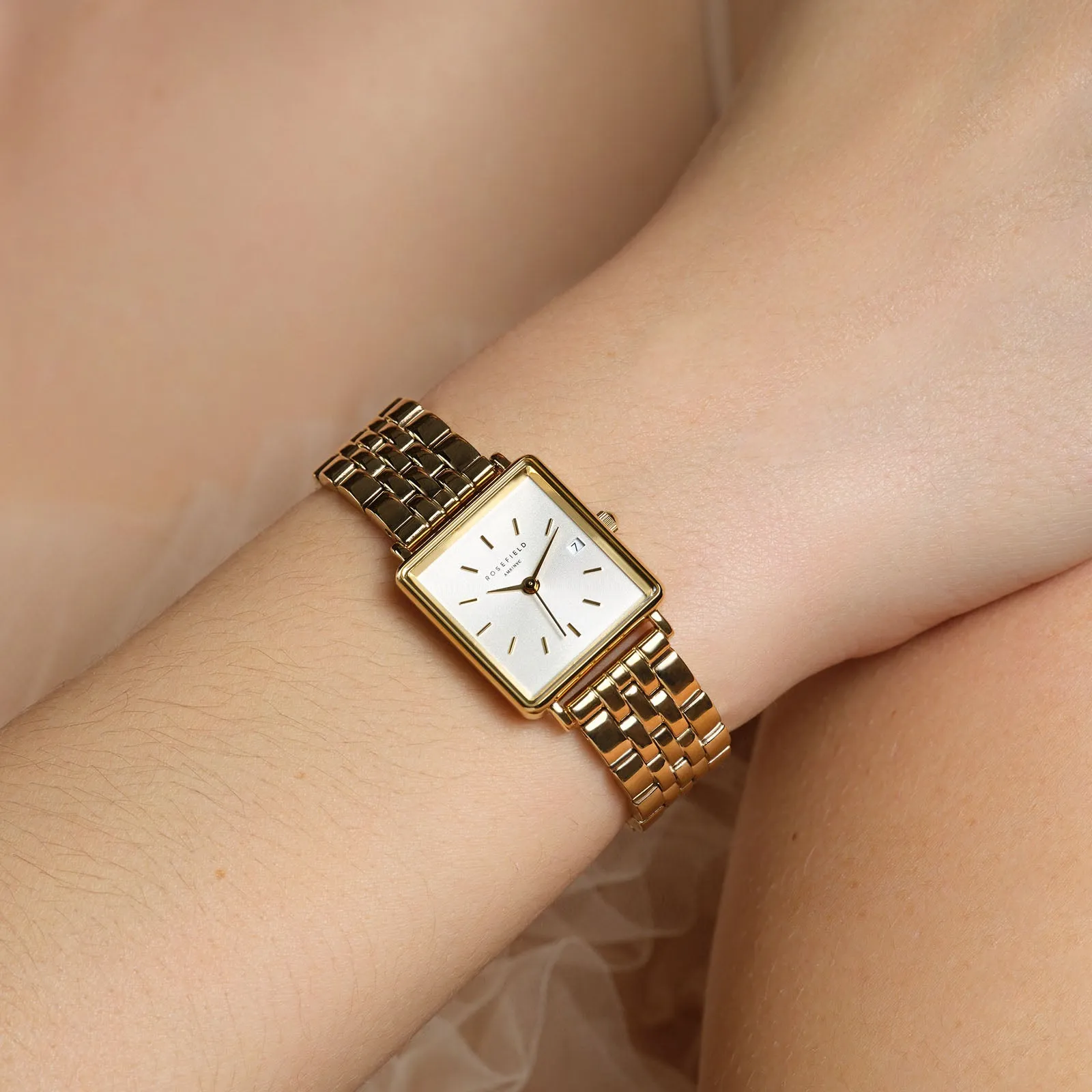 Rosefield The Boxy XS White Sunray Steel Gold Watch QMWSG-Q021