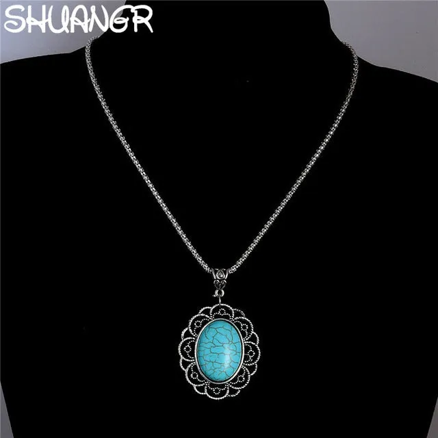 SHUANGR Wholesale Antique Silver Pendant Necklace Crystal Natural Stone Flower Necklace Sweater Chain Ethnic Vintage Accessories