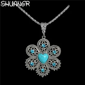 SHUANGR Wholesale Antique Silver Pendant Necklace Crystal Natural Stone Flower Necklace Sweater Chain Ethnic Vintage Accessories