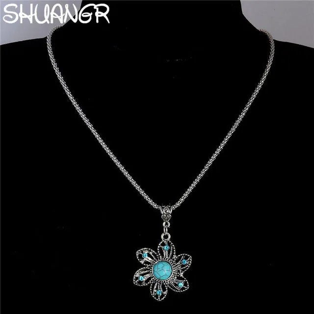 SHUANGR Wholesale Antique Silver Pendant Necklace Crystal Natural Stone Flower Necklace Sweater Chain Ethnic Vintage Accessories
