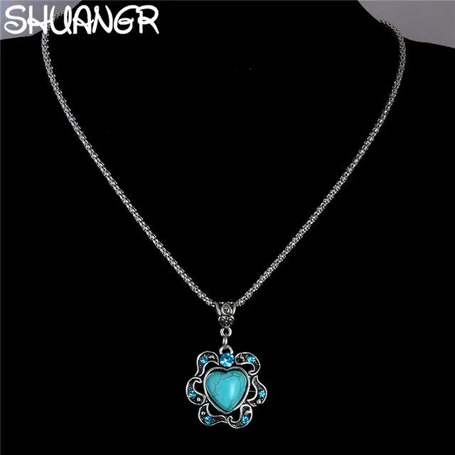 SHUANGR Wholesale Antique Silver Pendant Necklace Crystal Natural Stone Flower Necklace Sweater Chain Ethnic Vintage Accessories