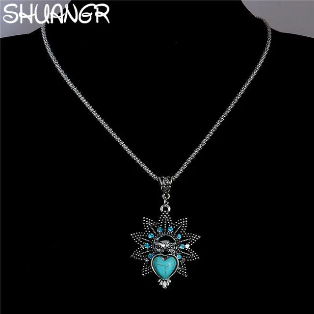 SHUANGR Wholesale Antique Silver Pendant Necklace Crystal Natural Stone Flower Necklace Sweater Chain Ethnic Vintage Accessories