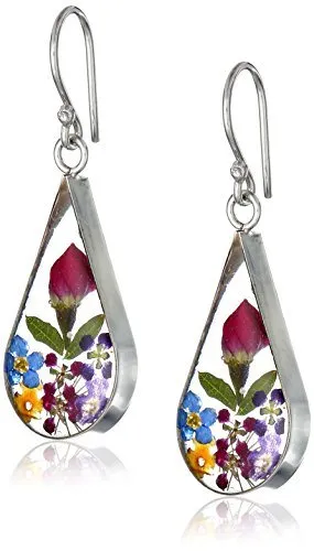 Sterling Silver Pressed Flower Teardrop Earrings
