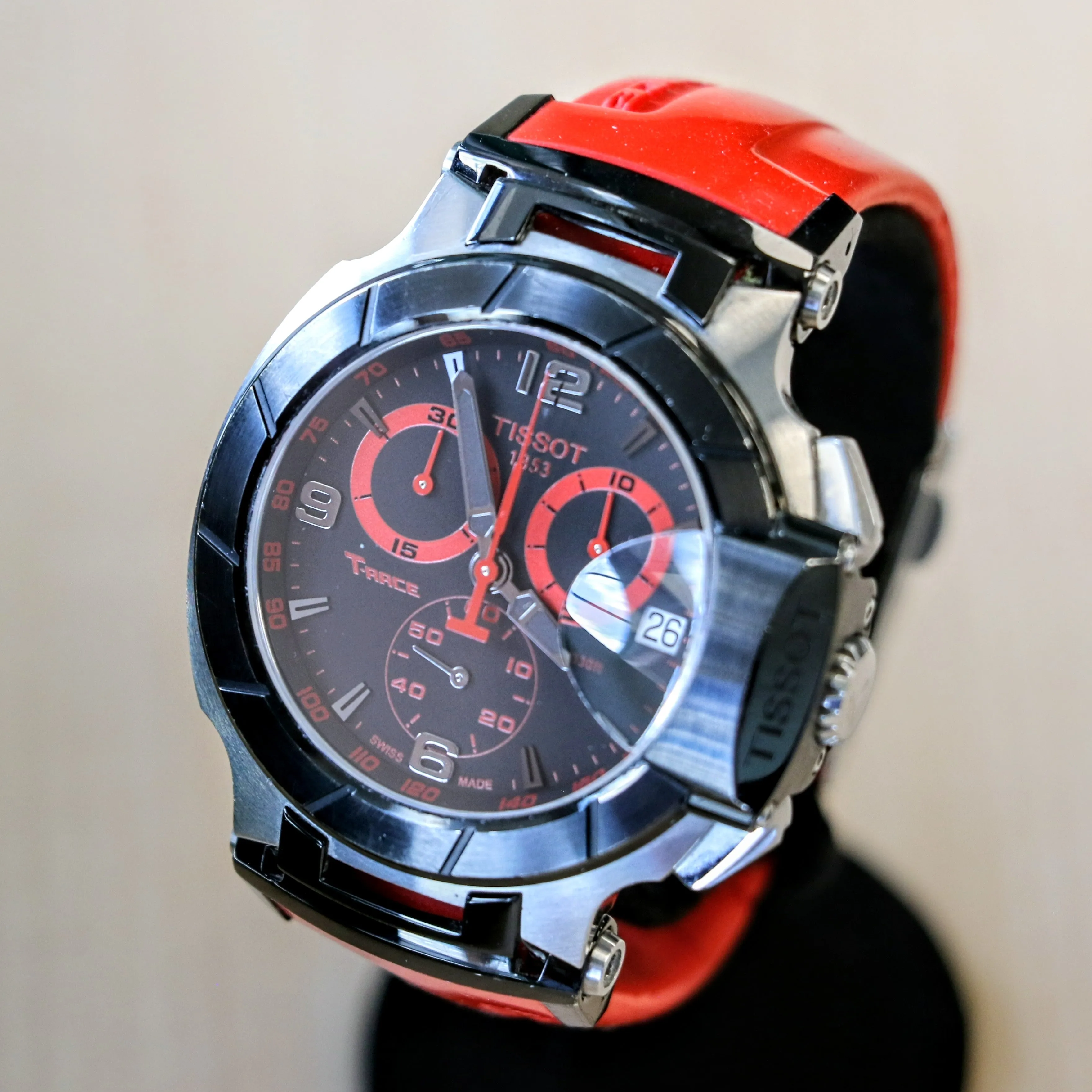TISSOT T-RACE Chronograph Watch Quartz Date Indicator T048417 A - Original Red Silicone Strap.