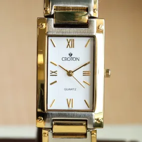 Vintage Croton Quartz Watch Two-Tone Tank Case & Bracelet 23K Gold Plated - IN BOX!