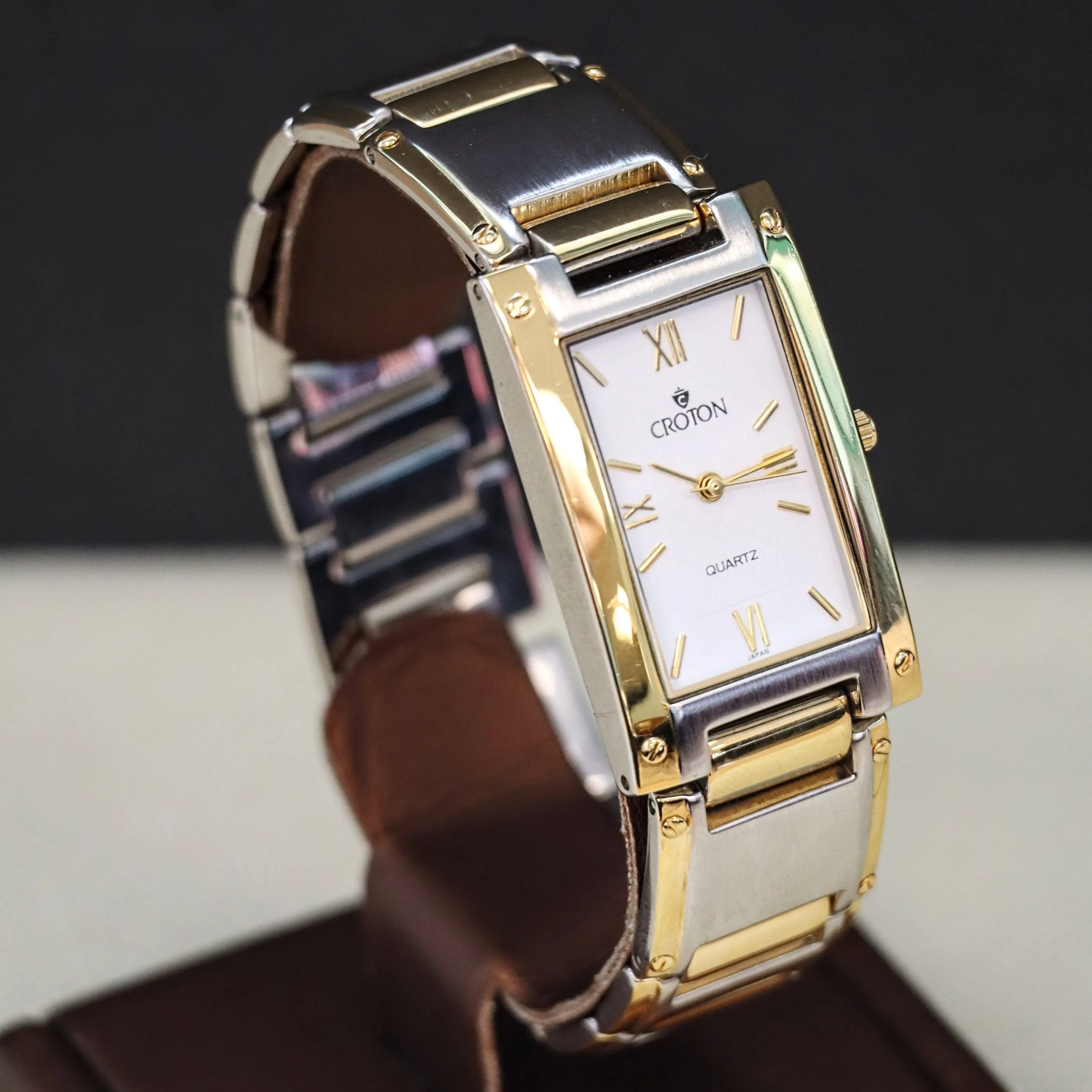 Vintage Croton Quartz Watch Two-Tone Tank Case & Bracelet 23K Gold Plated - IN BOX!