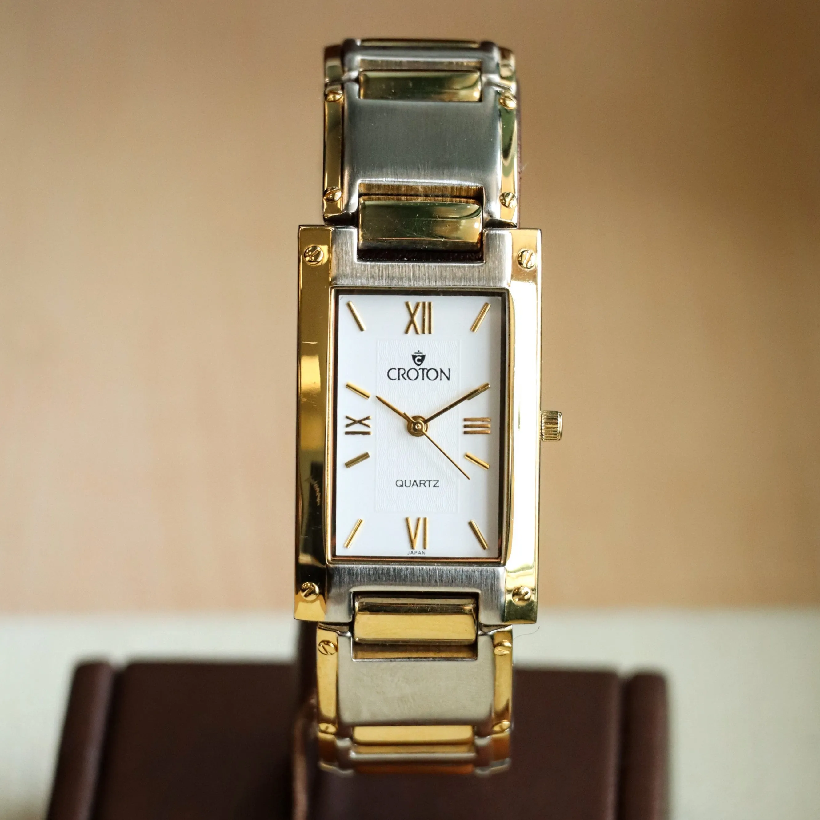 Vintage Croton Quartz Watch Two-Tone Tank Case & Bracelet 23K Gold Plated - IN BOX!