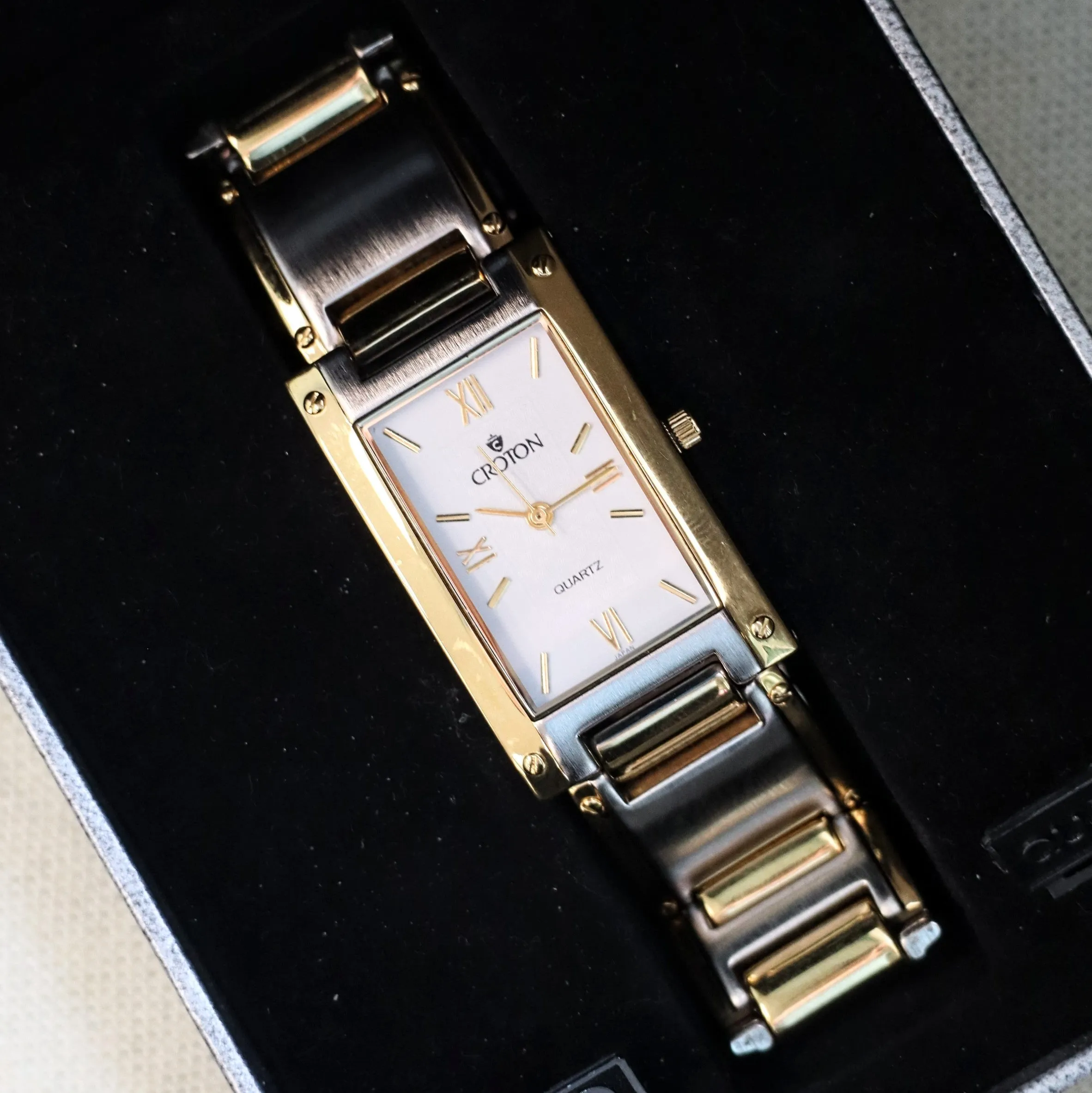 Vintage Croton Quartz Watch Two-Tone Tank Case & Bracelet 23K Gold Plated - IN BOX!