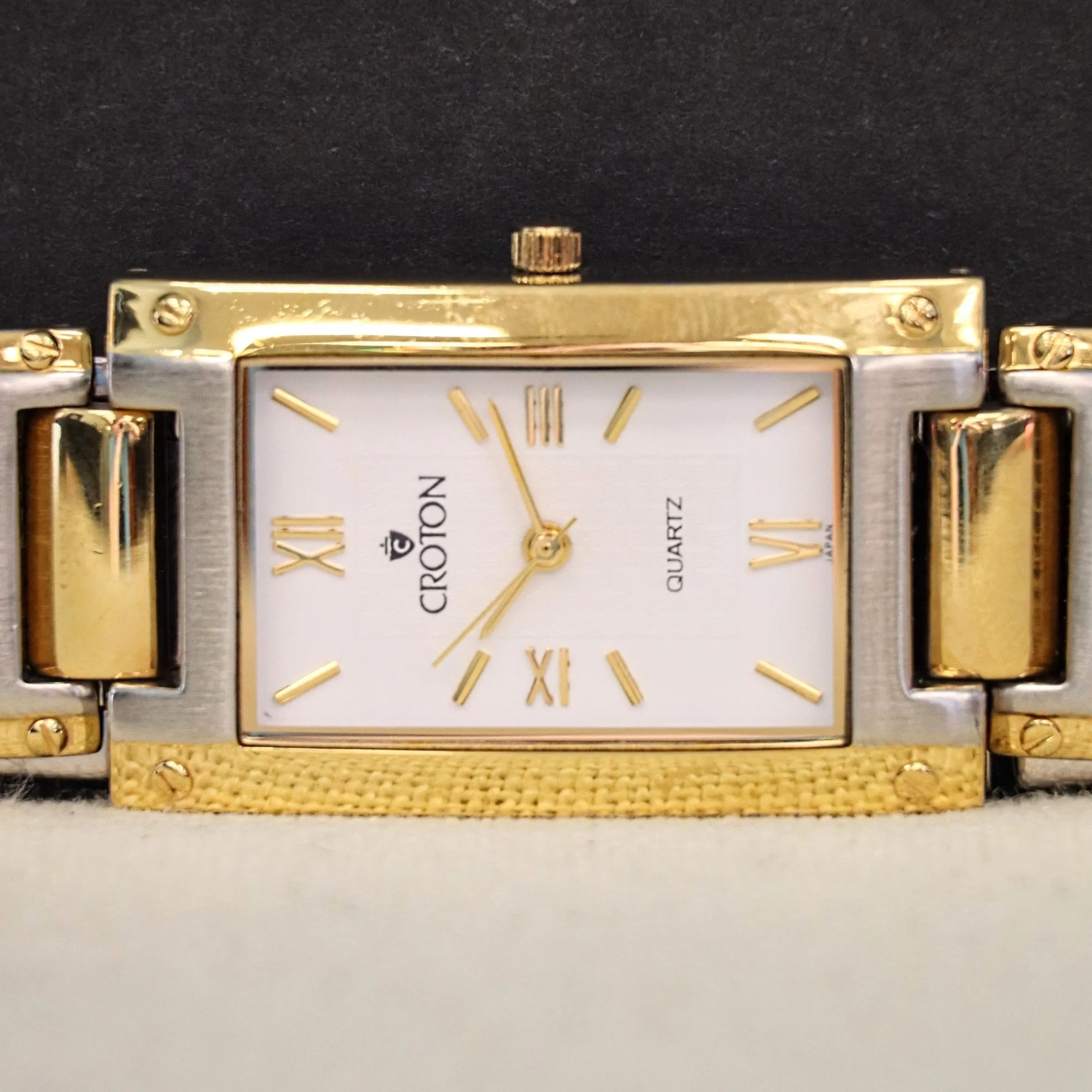 Vintage Croton Quartz Watch Two-Tone Tank Case & Bracelet 23K Gold Plated - IN BOX!